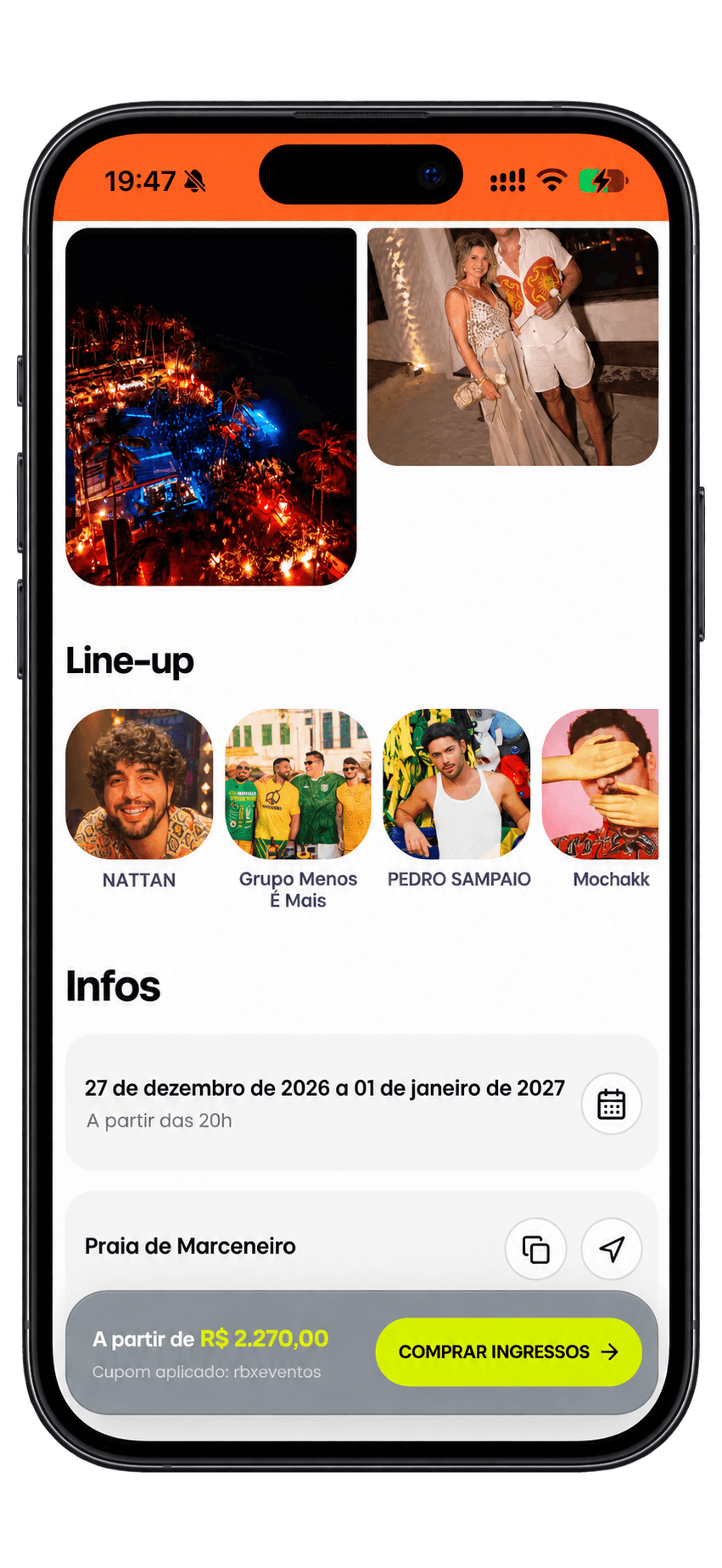 Prévia da galeria, line-up e informações do Réveillon Milagres 2027 em um celular