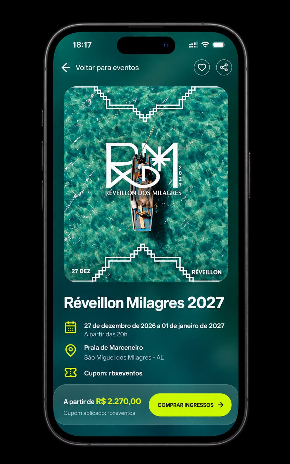 Prévia da página do Réveillon Milagres 2027 em um celular